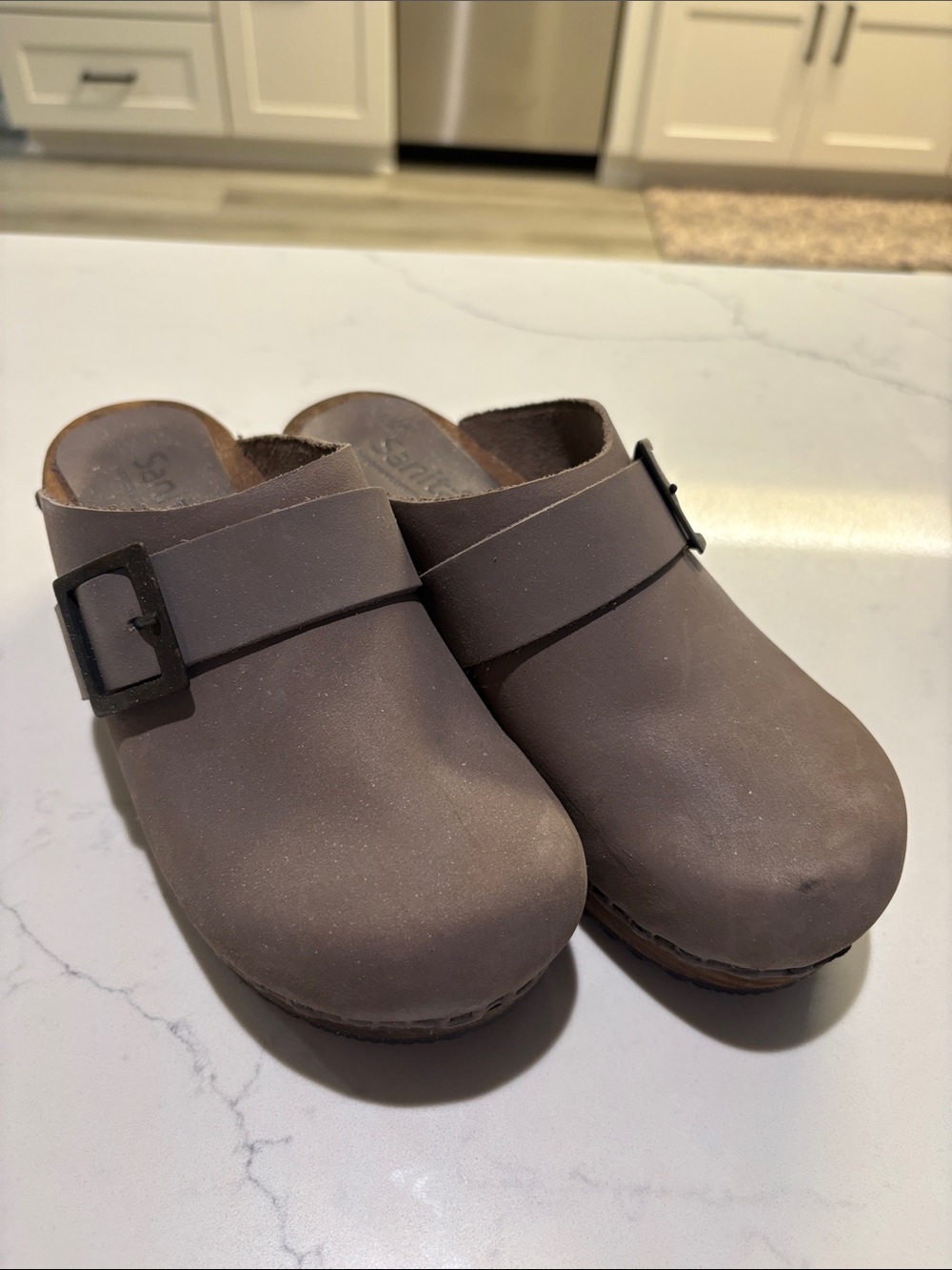 Sanita Brown Leather Clogs with Buckle